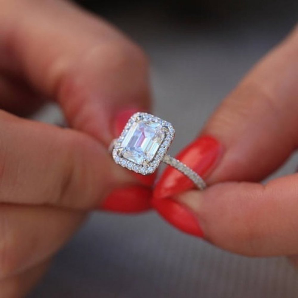 *NEW 925 Silver Diamond Halo Emerald Cut Ring - Picture 3 of 5